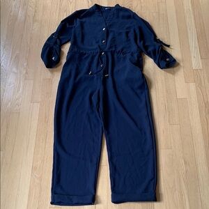 Zara Long Sleeve Button Front Jumpsuit Navy Blue Large Contemporary Minimalist